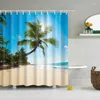 Duschgardiner Gröna tropiska växter för badrum Polyester Seaworld Curtain Printing Beach