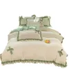 Pink Lace Ruffle Bowknot Duvet Cover Bed Skirt Linens Pillowcases Luxury Bedding Set For Girls Woman Decor Home 240325