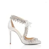 Dress Shoes Elegant White Satin Lace-up High Heel Pumps Crystal Ankle Strap Wedding Thin Heels Rhinestone Fringe Celebrating