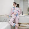 Home Clothing Women Pajamas Set Print Sweet Sleepwear With Pocket Trouser Suits Pijamas Rayon Nightwear Spring Homewear Lapel Sexy Nightgown