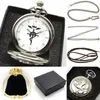 Black Silver Fullmetal Alchemist Quartz Pocket Watch Halsband Läderkedja Box Bag smycken Set gåvor för män Relogio de Bolso 240327