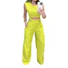 Kvinnors tvåbitar byxor set kvinnor Vest Crop Top Cuffed Wide Leg Pant Set Suit Spring Summer Yellow High midje eleganta byxor