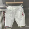 Men's Shorts Korean style luxury summer denim shorts with white embroidery mens designer casual straight fashion denim Harajuku shorts J240407