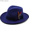 Waste Brim Hats Bucket Womens Wool Vintage Trial di Fedora Cappello con Feather Lamugh di banda Gentleman Elegant Womens Church Jazz YQ240407