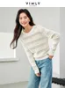 女性用セーターVimly Light Blue Hollow Out Thin Thin Long Sleeve Hinit Top Spring O-Neckニットプルオーバー2024 Lazy Style Clothing 72798