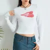 Kvinnors T-skjortor Puloru Red Lips Print White T-shirts Casual Fashion Tees Spring Fall Long Sleeve Crew Neck Pullover Short Tops