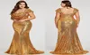 Sparkling Gold Sequined Mermaid Evening Dresses Plus Size Capped Off Shoulder Prom Formal Gowns Zipper Back Cheap Dress8096307