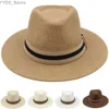 Шляпа шляпы широких краев ковша мужская панама шляпа летняя полоска Bow Fedora Sunhats Trilby Outdoor Beach Travel Size US 7 1/4 UK L YQ240407