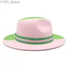 Wide Brim Hats Bucket Patchwork Fedora Hat Colorful Two tone Unisex Mens Panama Green Pink British Style Trilby Party Official yq240407