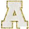 Syförfattningsverktyg Chenille Letter ES med guldglitter syr på varsity Initial White Iron Alphabet -applikationer för teamdräkt de dhkxv