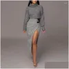 İş Elbiseleri Elegan Belktleneck Plover Üstler Bölünmüş Etek Kıyafetleri Sıradan Uzun Kollu 2 PC Takım Kadın Moda Katı Örme Etek Setleri Dro Dhapo