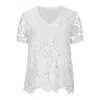 Kvinnors blusar spets broderi V-ringning Kvinnor Blus Rose Flower Kort ärm Tee Summer Charming Loose T-shirt Casual Tunic Blusa