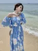 Partykleider Sommer Kurzarm vor Schulter Vintage Strandkleid Bule Boho Holiday Femme Robe Blumen Midi Frauen Französisch