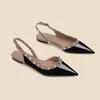 Sandals Pointed Patent Rivet Nude Color Single Shoe Design Feeling Niche Temperament Flat Female Word Buckle