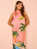 Vestido estampado tropical de cor de contraste elegante 2024 verão mulheres sem mangas o pescoço casual cetim solto longa praia