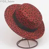 Breda randen hattar hink Nya kvinnor leopard mönster ull filt rodd hatt platt topp fedora retro formell parti trilby yq240407