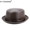 Brede rand hoeden bucket Butter Men Black Leather Trilby Hat Male Fedora Cap Retro Women Herfst Brand Porkpie Mens Vintage Jazz Q240403