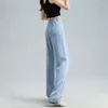 Jeans femminile azzurra sottile estate da donna comode in tessuto morbido gamba largo pantaloni in jeans pantaloni streetwear high waist a146