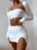 Mozision sexy jurk set vrouwen witte vierkante kraag volle mouw crop top en mini rok bijpassende sets dames feest tweedelige 240407