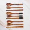 Din sets sets 1Pairs Chopstick Lepels Fork Handmade Japanse natuurlijke houten eetstokjes lepel set met cadeaubonische bamboe drop