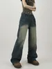 Women's Jeans Blue Baggy Women High Waisted Double Pockets Bleached Vintage Washed Full Length Wide Leg Trousers 2024 Spring Streetwear