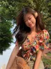 Kvinnors blusar sommar mode casual bomullslinne kort veckad topp franska söta sexiga av axel tees t-shirt blommig tryckt