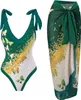 Frauen ein Stück Badeanzug mit Strandabdeckung Wrap Rock Sarong Retro Blumendruck Bikini Set zweiteiliger Badeanzug