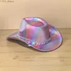 Breda brimhattar Bucket Laser Rainbow Cowgirl Hat Hot Stamped Jazz Fedora Bright Hip Hop Party Rave Cowboy Y2K YQ240407