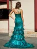 Runway Dresses Glimmer Fancy Mermaid Celebrity One Shoulder Layered Sparkly Lace Applicants ärmlös Abendkleider gjord på beställning