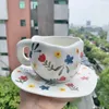 Cups Saucers 300ml Hand-painted Flower Ceramic Coffee Cup Home Office Mug With Saucer Breakfast Milk Juice Tea Handle Gift Microwave Safe