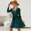 Casual Dresses Deep V Neck Knit Autumn Women Dress Long Sleeve Solid Slim Elastic Waist Ladies A Line Warm Sweater