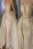 Shiny Gold Abiye Mermaid Long Evening Dresses With Detachable Train Flower Lace Evening Gowns Sequin Sexy Dress Formal Backless 2 5080741