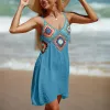 Strandklänning V-ringning Sling ärmlös täckning av klänning Färgglada sömmar A-Line Dress Bohemia Style virkning Top Bikini