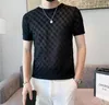 New Men's T-Shirts Summer Round Neck ultral thin ice silk ligh comfortalble black white TShirt Stretch male Plaid Slim Fit Short Sleeve Knitted Tee Shirt Top Homme