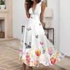Повседневные платья элегантные цветы печатные платья с высокой талией Женщины лето глубоко V шея рукавицы длинная женщина A-Line Big Hem