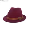 Szerokie brzegowe kapelusze wiadra fedora hat kobiet Trilby Fell Church Jazz Regulowany pasek derby YQ240407