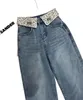 Frauen Logo Brief Stickel Strass und lose hohe Taille Weitbein Jeans Desinger Long Hosen Hosen Smlxl