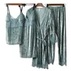 Ana Sayfa Giyim Yeşil 4pcs Pijama Takım Sıradan Sweetwear Velor Pijamalar Kadın Sonbahar Nightwear uyku seti samimi iç çamaşırı