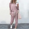 Frauen zweisteuelhafte Hosen Feste Farbe runder Nacken lässig locker Langarm und hohe Taillenhosen Outfits Simplicity Ladies Sets