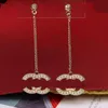 Mode 18K GOUD GOLD TASSEL Designer Letters Stud Long Earring Beng Crystal Geometric Brand Women Rhinestone Pearl Wedding Party Joodlry Accessoires