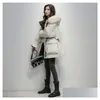 Womens Down Parkas Winter Women Korean Warm Cotton Jacket Big Fur Collar Hooded Padded Coats Elasted Waist Solid Mid-Long Coat Drop De Dhbyt