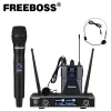 Microphones Freeboss FBU35H Dual Way UHF Fixed Frequency Wireless Microphone System with Handheld + Lapel + Headset for Karaoke Microphone