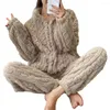 Thuiskleding vrouwen warm tweedelig pak gezellige winter pyjama's ingesteld met stand kraag zipper sluiting dik pluche huiskleding voor ultieme