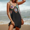 Strandklänning V-ringning Sling ärmlös täckning av klänning Färgglada sömmar A-Line Dress Bohemia Style virkning Top Bikini