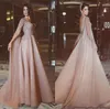 2017 Elegant pärlor långa aftonklänningar med Cape -ärmar remmar Aline Long Pink Tulle Party Evening Gowns Pärlade Vestidos Fest6583889
