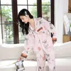 Roupas em casa Flor de impressão 2pcs Conjunto de sono íntimo lingerie feminino pijamas de pm pijamas terno de manga longa pijamas de cetim rosa casual