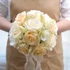 Flores decorativas prontas para festas, rosa artificial realista, buquê de casamento reutilista com folhas verdes de fita Bowknot elegante