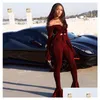 Womens Two Piece Pants Set Tracksuits Women Off Shoder Long Sleeve Y Crop Top Elastic High Waist Flare Party Outfits Blue Drop Deliver Dhzzr