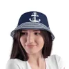 Breda randen hattar hink marinblå vit ankare fiskare hatt kvinnor segelbåt hösten slåss reser sol direkt frakt Q240403
