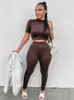 Hugcitar Solid Women 2 Piece Set Short Sleeve Crop Top High midje Leggings Outfits Sportswear Matching Co Ords Suit kläder 240407